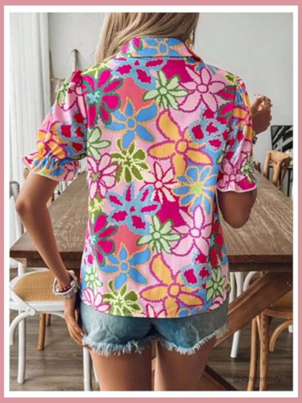 Floral Print Button Down Blouse Ruffle Short Puff Sleeve Boho Top - Picture 2 of 6